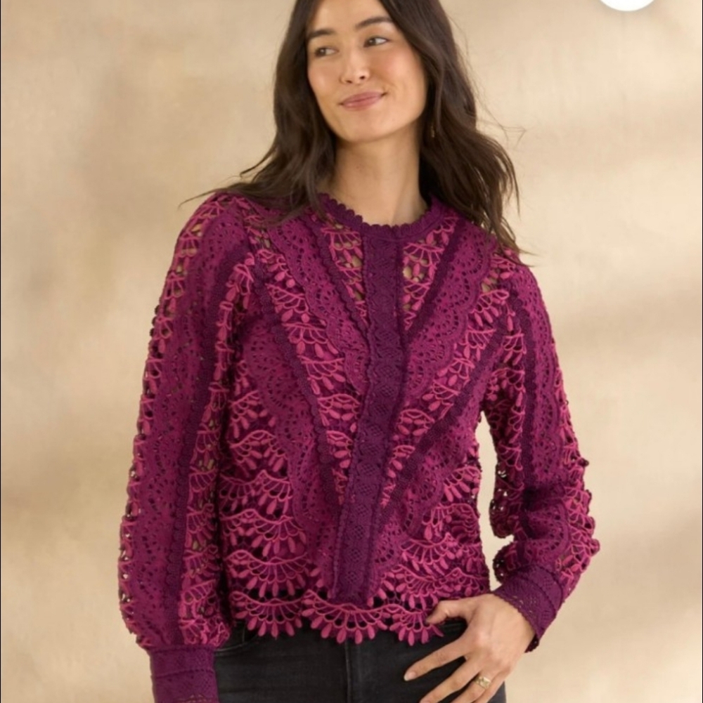 Sundance Woven Cottony Crochet Sweater Linnea, M, Wine,Matching Modal Tank,  EUC